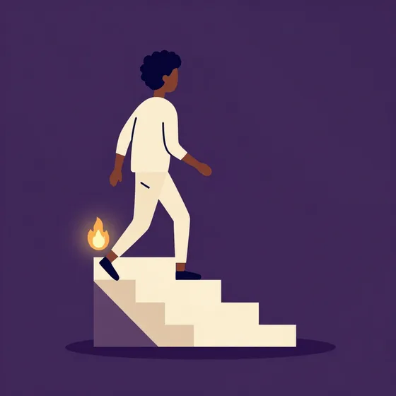 A person stepping up a flight of stairs carrying a small flame