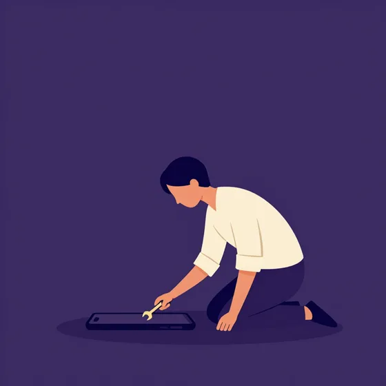 A person kneeling to repair a phone with a spanner