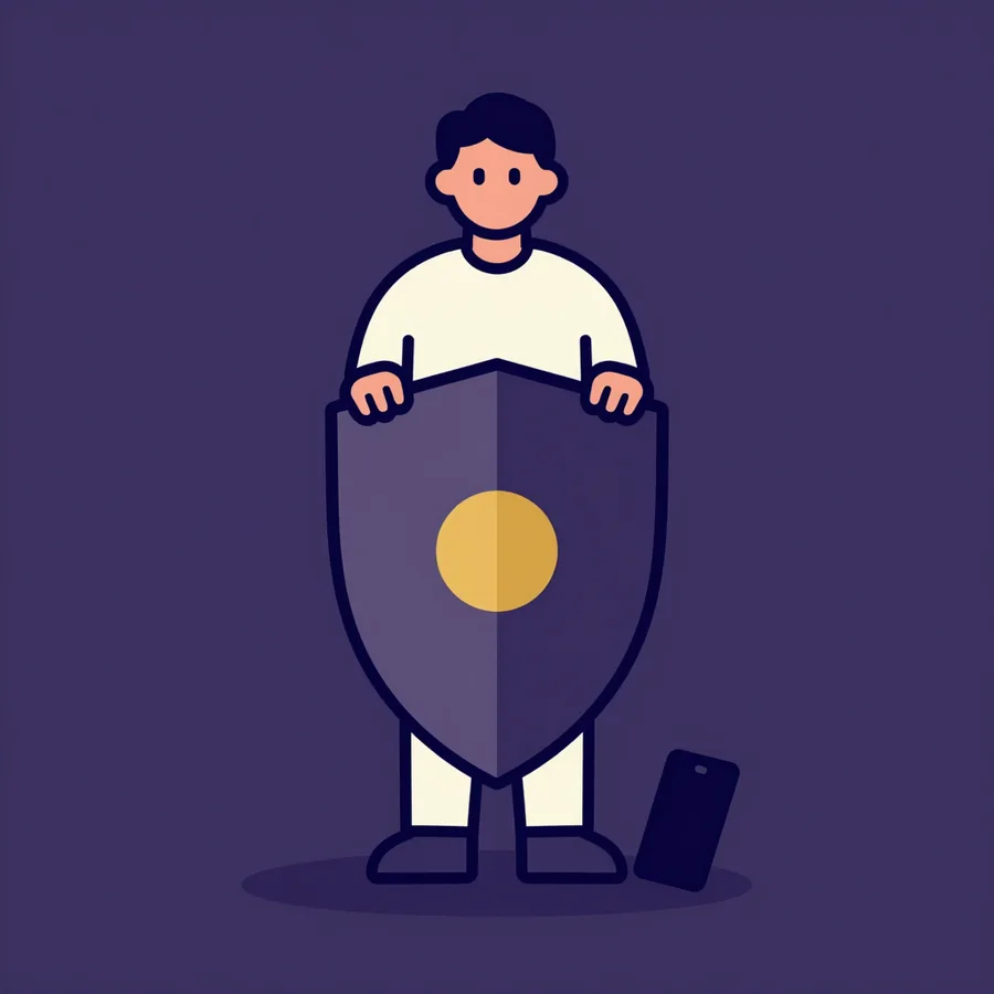 A man behind a shield, his phone dark and silent beside him