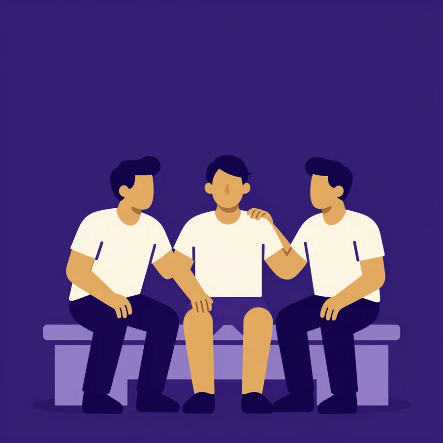 Three men sitting together, one listening closely